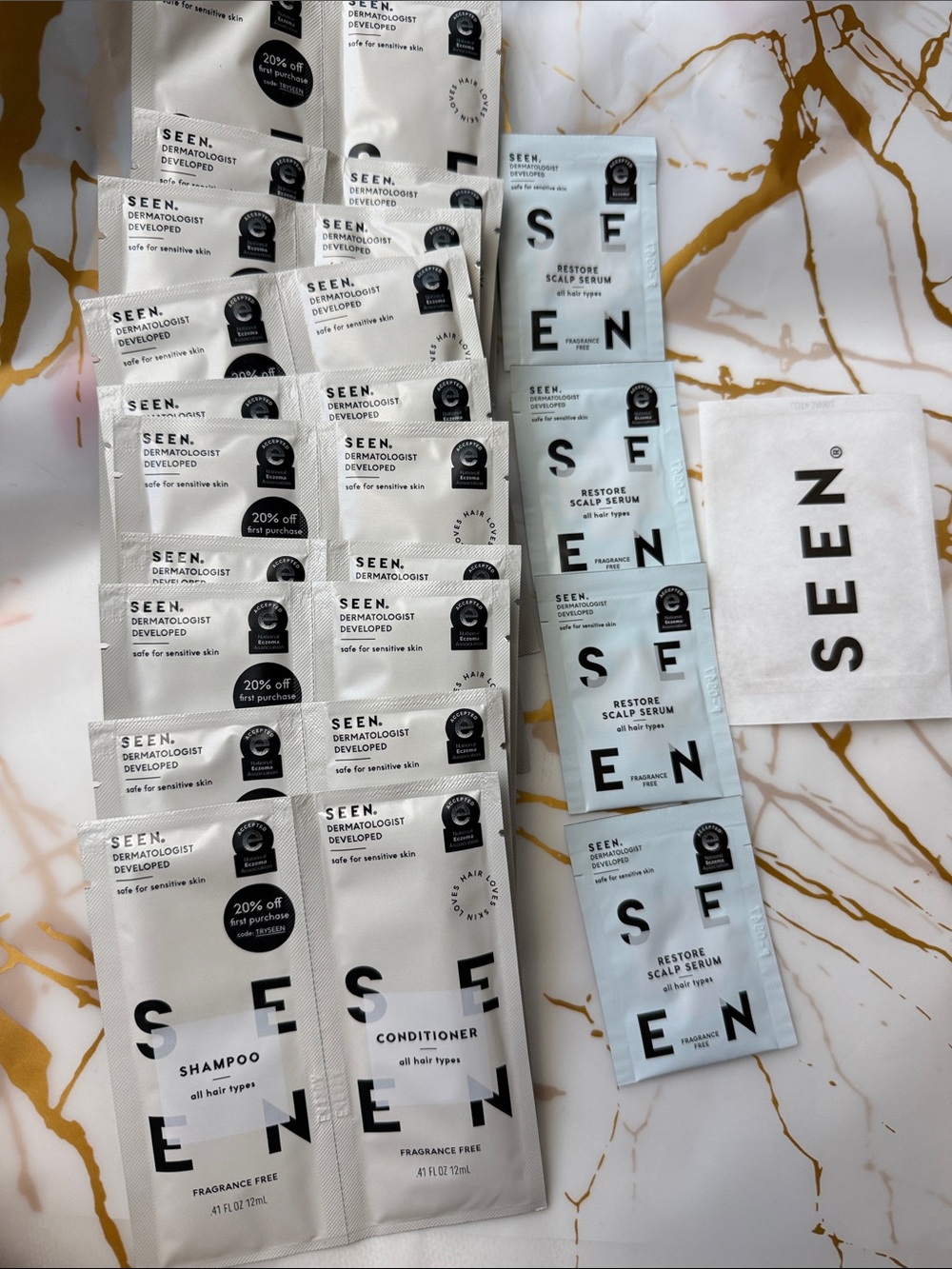 Seen Shampoo Conditioner Scalp Serum And pimple patch bundle. Read description